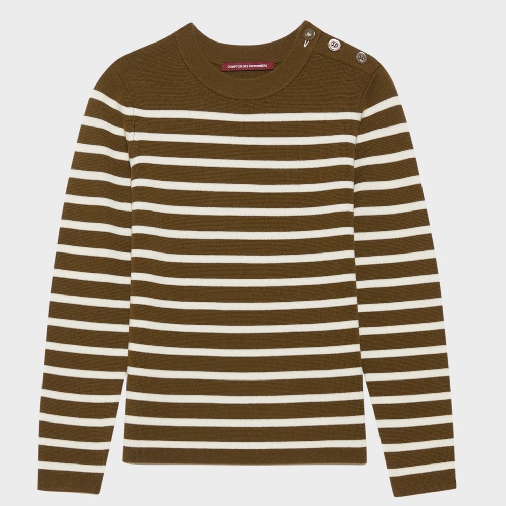 Comptour Des Cotonniers Maddy Wool Olive Green Striped Sweater Womens Sz Medium
